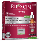 Packaging of Bioxcin Forte Herbal Serum for Intensive Hair Loss, indicating it's for all hair types, has a fast effect, and is dermatologically tested. The package states it contains 96% herbal serum and includes a picture of the product bottle.