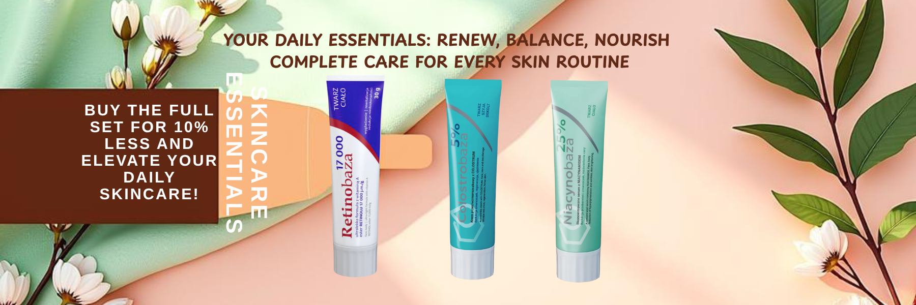 Banner featuring Retinobaza 17000 retinol cream, Niacynobaza 25% niacinamide cream, and Colostrobaza 5% colostrum cream side by side, highlighting a 10% discount when buying all three as an essential skincare routine set.