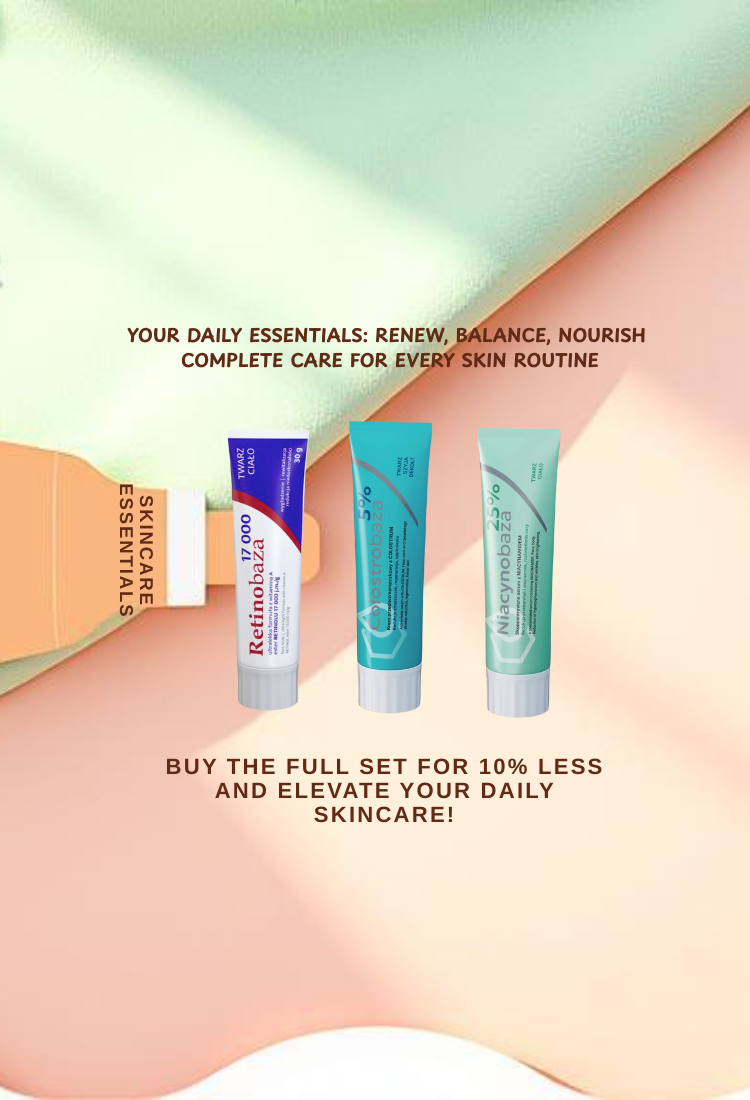 Banner featuring Retinobaza 17000 retinol cream, Niacynobaza 25% niacinamide cream, and Colostrobaza 5% colostrum cream side by side, highlighting a 10% discount when buying all three as an essential skincare routine set.