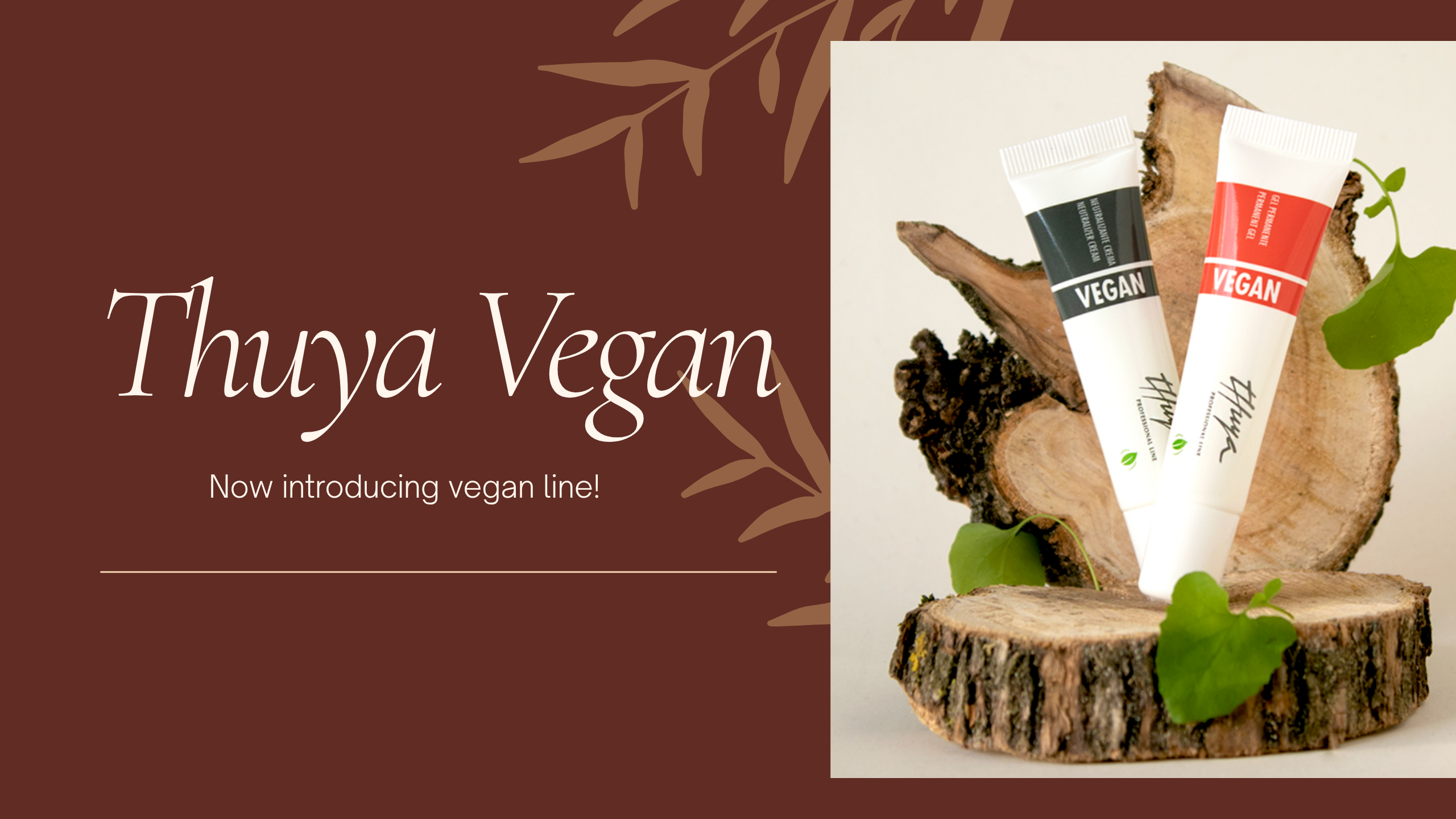 Thuya Vegan product display with Vegan Permanent Gel and Neutralizer tubes on a wooden stand against a brown background.