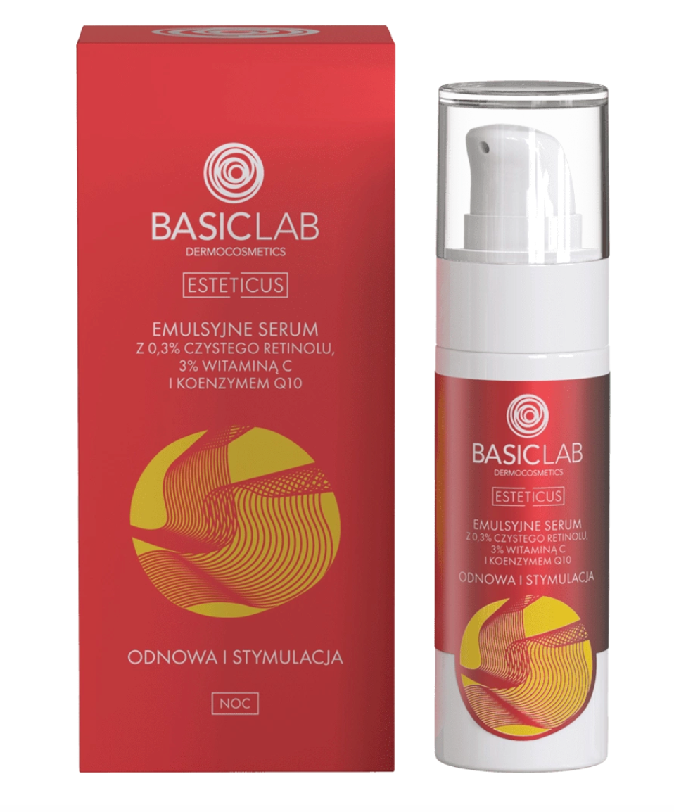 Basiclab emulsion serum with 0.3% pure retinol, 3% vitamin C and coenzyme Q10 Renewal and Stimulation 1 fl oz 