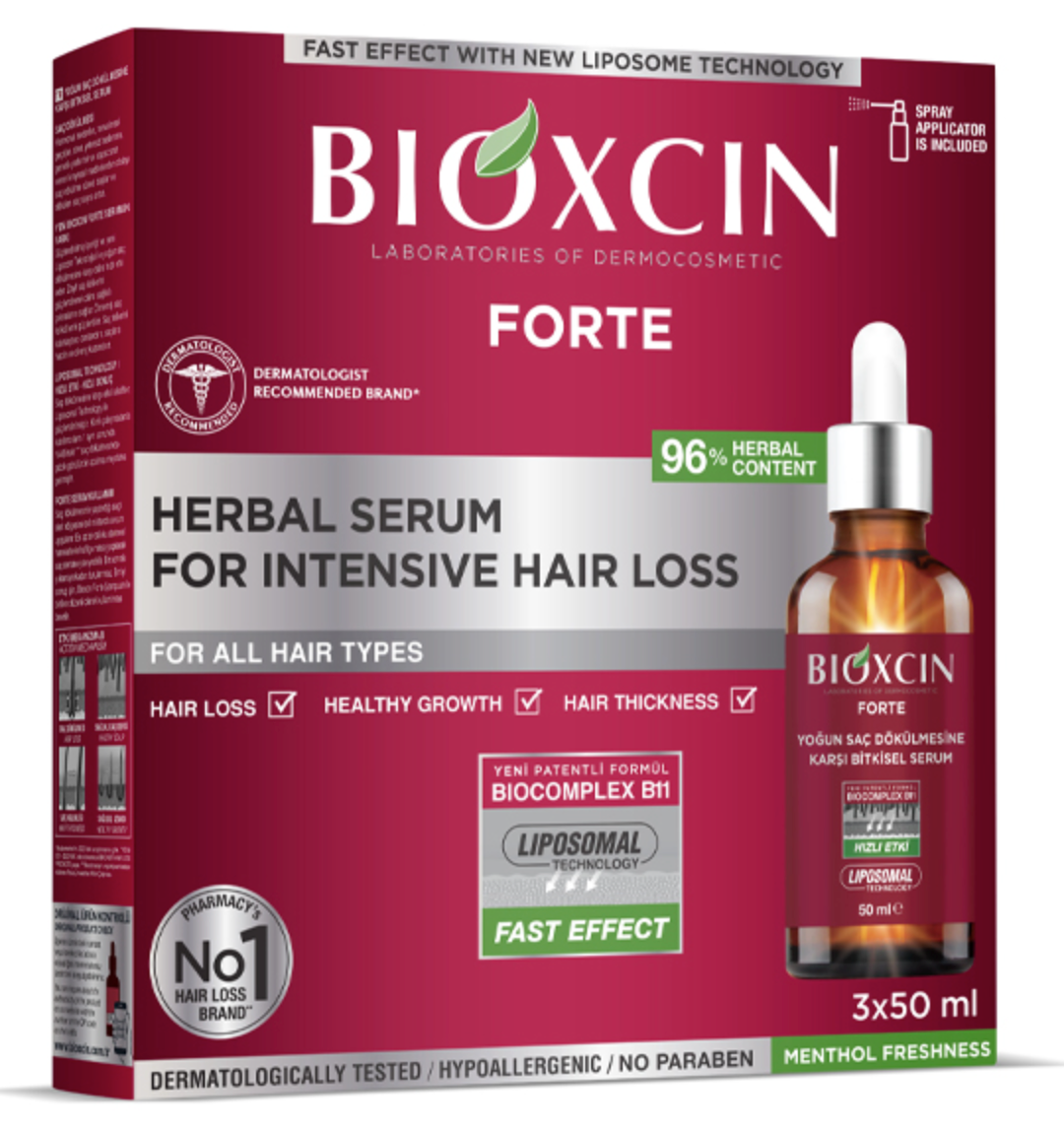 Packaging of Bioxcin Forte Herbal Serum for Intensive Hair Loss, indicating it's for all hair types, has a fast effect, and is dermatologically tested. The package states it contains 96% herbal serum and includes a picture of the product bottle.