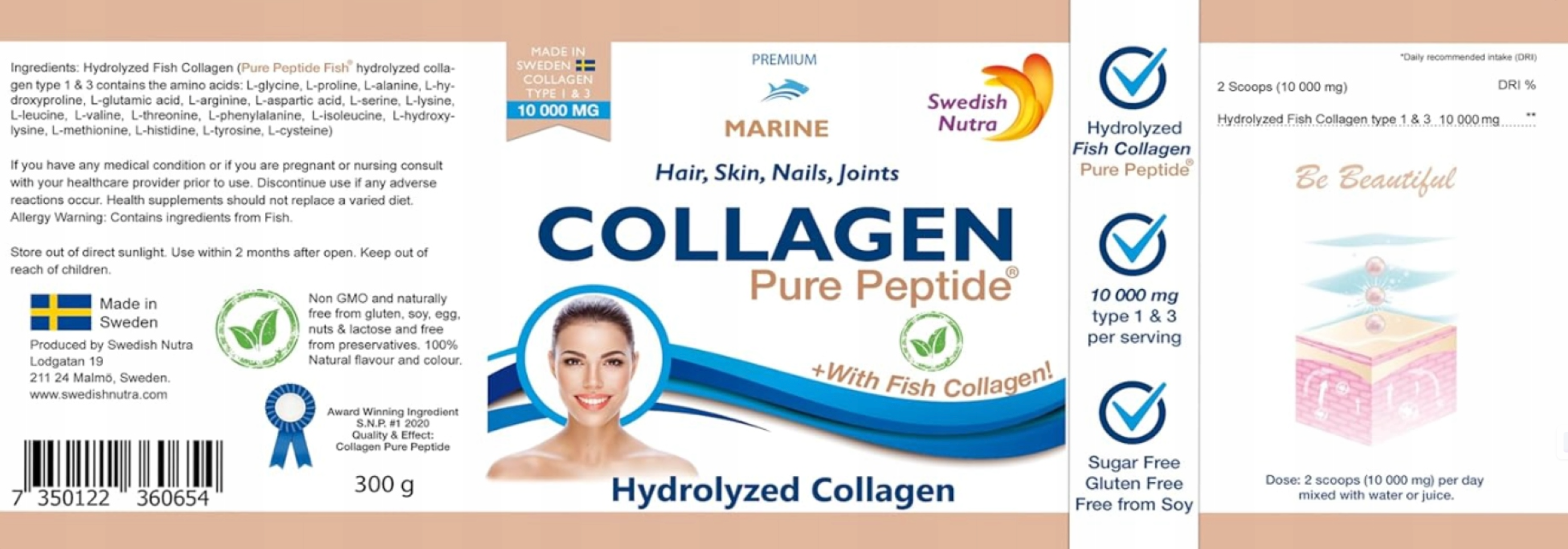 Swedish Nutra Marine Collagen Powder 10000mg – 300g Hydrolyzed Fish Collagen